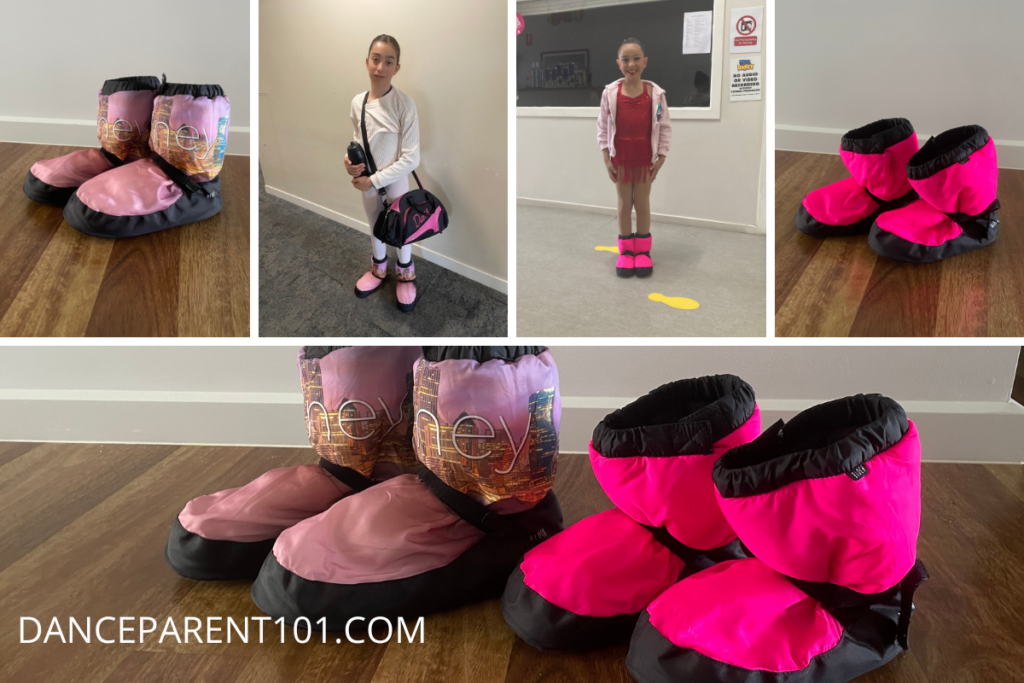 5 images, two of girls in warm up dance boots and three of pink dance warm up boots