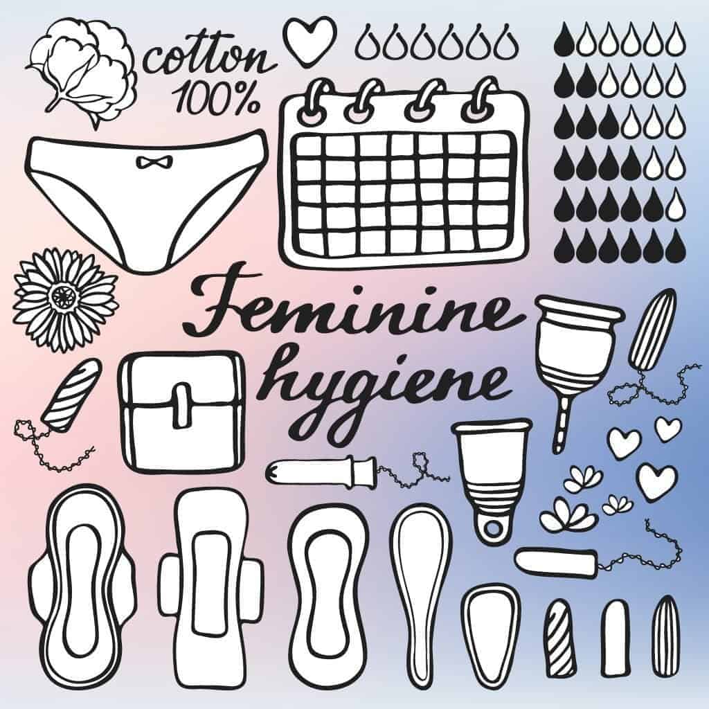 Feminine hygiene set. Hand-drawn cartoon collection - sanitary napkin, tampon, menstrual cup, panties, monthly calendar. Doodle drawing. Vector illustration