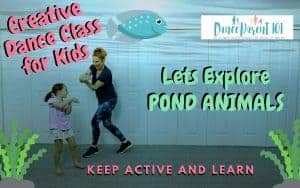 Creative dance class for Kids- Let's Explore Pond animals- a picture of mom and daughter with a fish and see grass