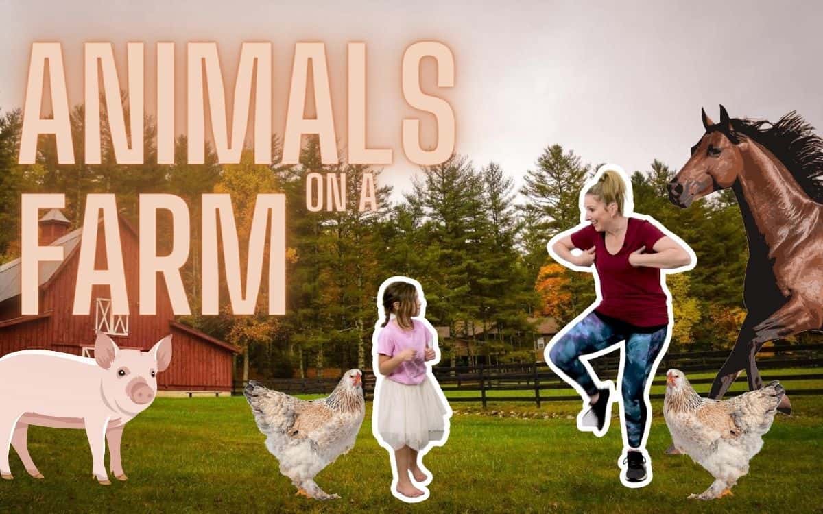Animals on a farm- a picture of a mother and daughter on a farm with pig and chickens