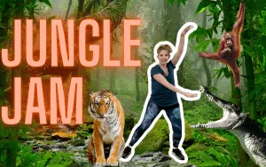 Jungle Jam- picture of a woman in a jungle with a tiger and crocodile