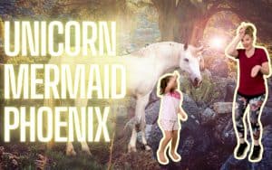 Unicorn, mermaid, Phoenix- a picture of mother and daughter on a forest with a unicorn