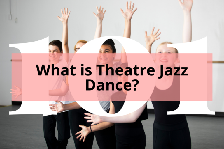 five girls raising one hand and other hand placed right side with title What is Theatre Jazz Dance?