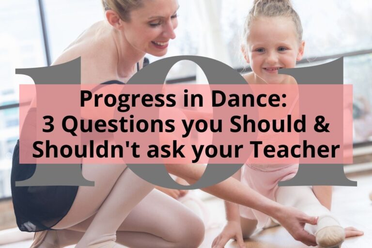 Young dance student in split with ballet teacher helping with title Progress in Dance: 3 Questions You Should & Shouldn't Ask Your Teacher