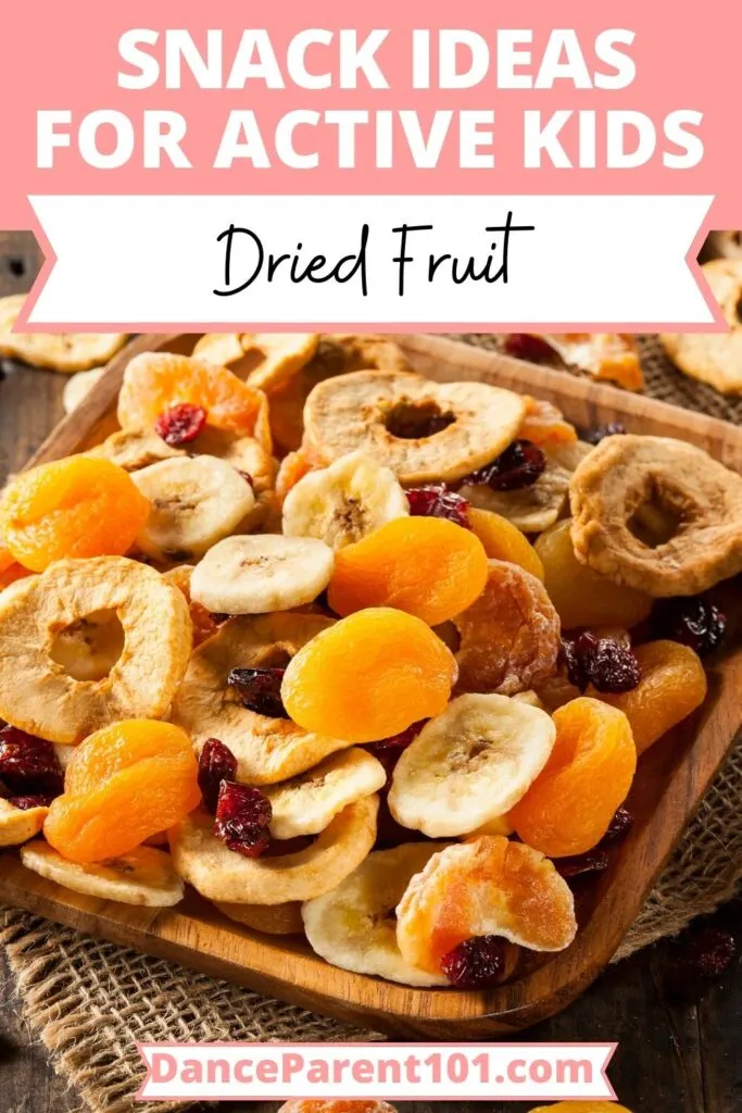 Tray with dried apricot, banana and apple