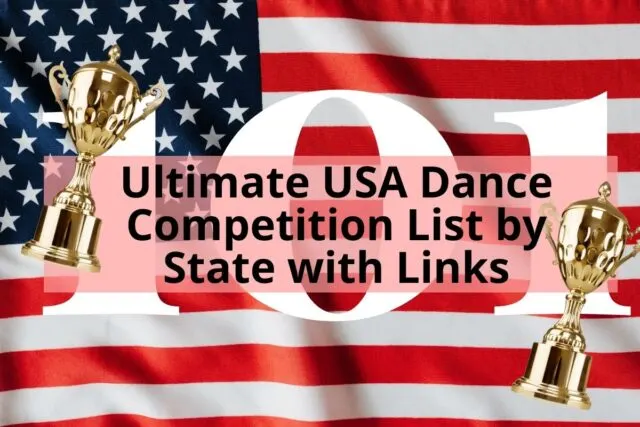 American Flag with 2 Trophies with title Ultimate USA Dance Competition List by State with Links