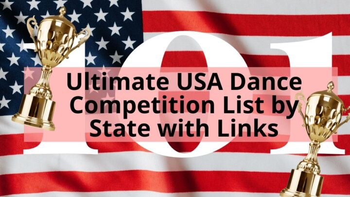American Flag with 2 Trophies with title Ultimate USA Dance Competition List by State with Links