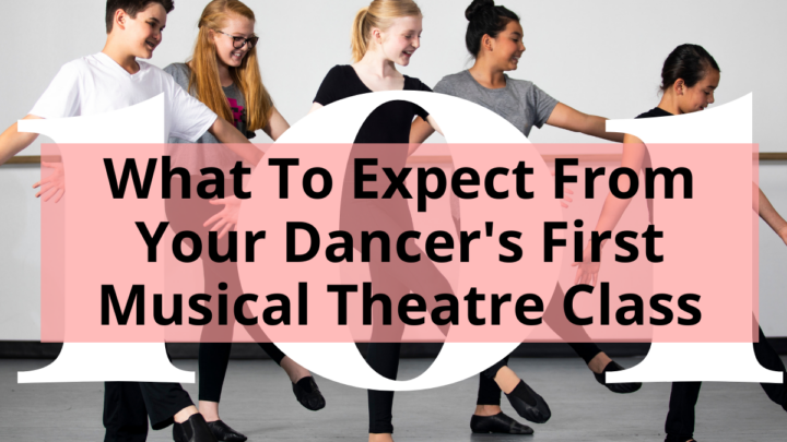 Five young dancers in a studio with title over the top - What To Expect From Your Dancer's First Musical Theatre Class
