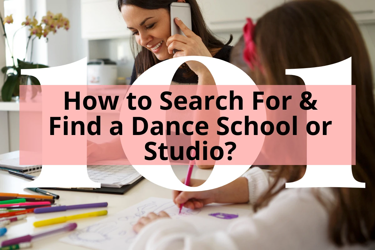 How to search for and find a dance school or studio title with mother on phone and kids doing homework at table