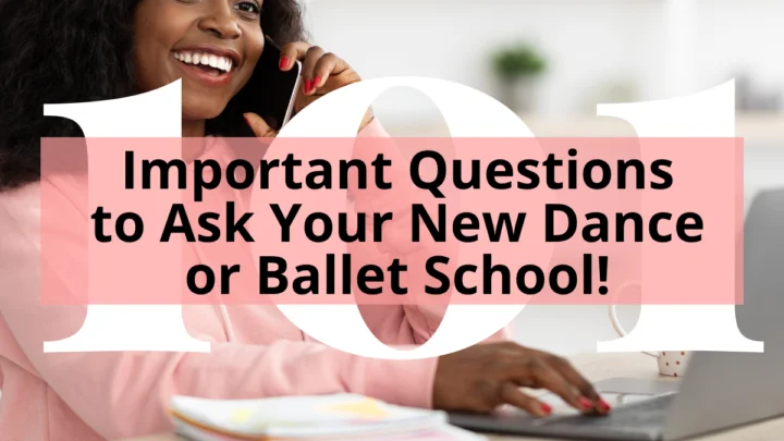 woman talking on a phone in front of laptop with title Important Questions to Ask Your New Dance or Ballet School