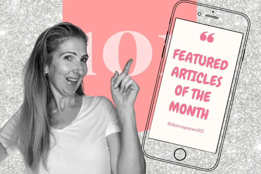 Samantha pointing to a phone with the words featured articles of the month
