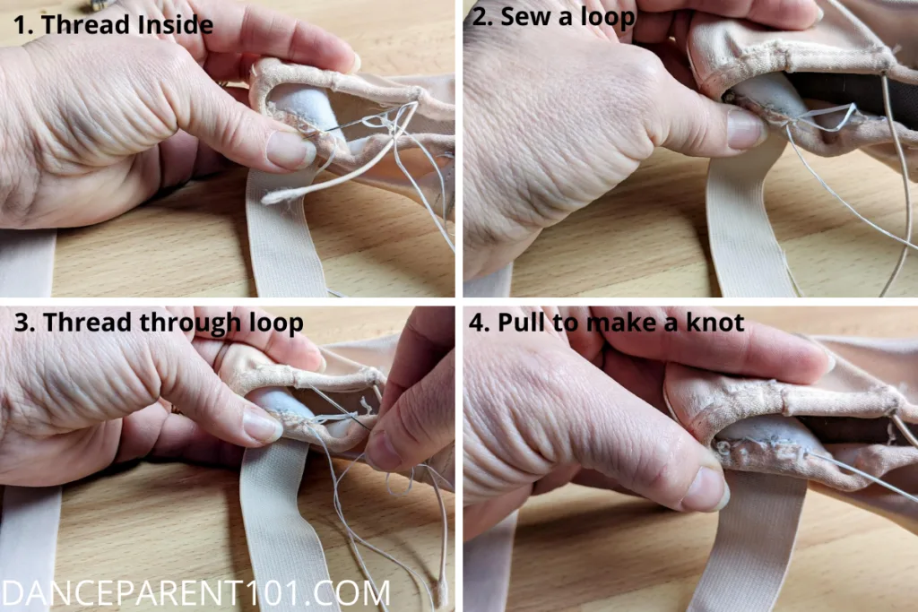 Four images showing you how to thread a knot as explained in the text