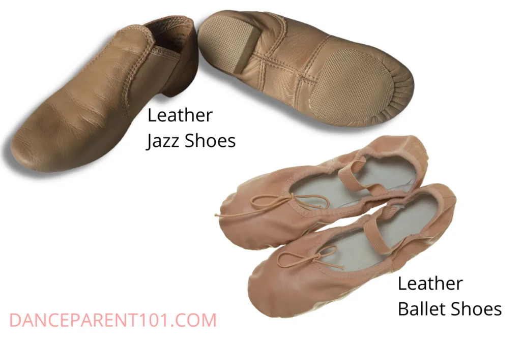 Tan jazz shoes next to pink leather ballet shoes