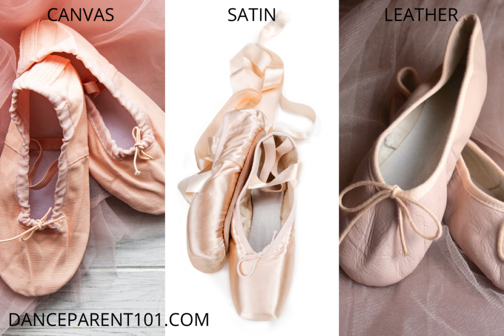 Three kinds of dance shoes - from left to right, pink canvas ballet shoes, pink satin pointe shoes, pink leather ballet shoes. 