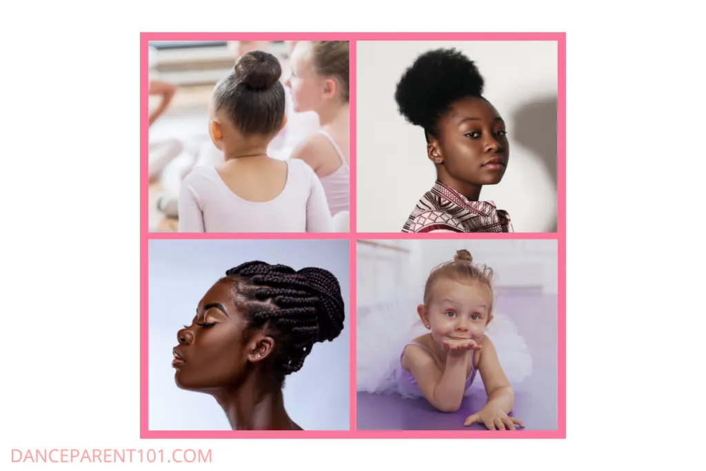 4 different types of hair styled into a bun. Clockwise from L - natural hair with hairnet, natural hair without hairnet, wispy toddler hair, and box braids.