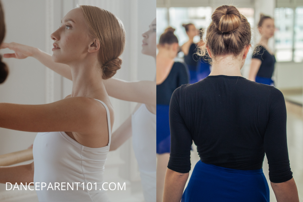On left - a dancer with strawberry blonde hair in a low bun stands at the barre with a white shirt on, On right, a dancer with blonde hair in a high bun stands facing away from the camera wearing a black long sleeved leotard.