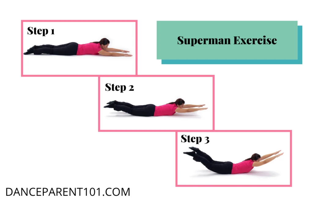 Three photos of a woman doing each step of the Superman exercise. She is wearing a bright pink top and black pants, laying on her stomach