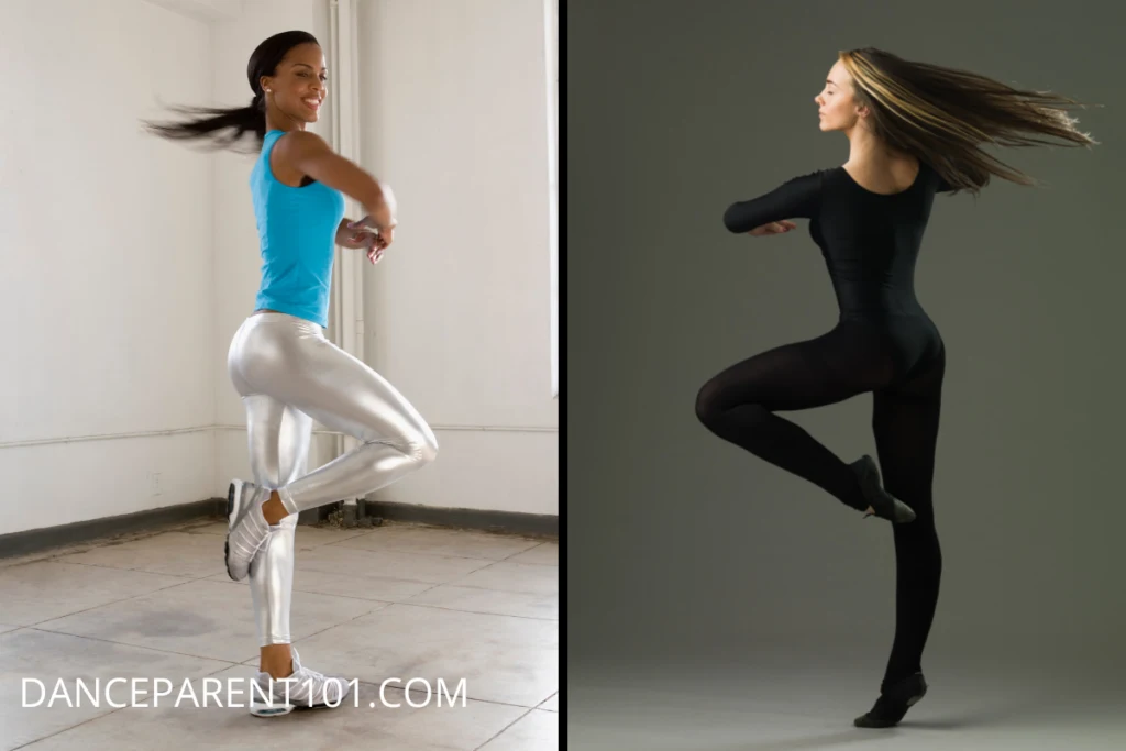 A side by side image of dancers mid-turn. On the left, a female dancer in silver legging and a blue top and sneakers. On the right, a female dancer in a black long sleeved unitard and jazz shoes