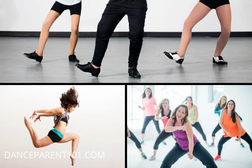 Three photos - top, an image of three people's legs tap dancing, bottom left - a female jazz dancer jumping in a double stag position, right - a hip hop class of woman in multi colored outfits