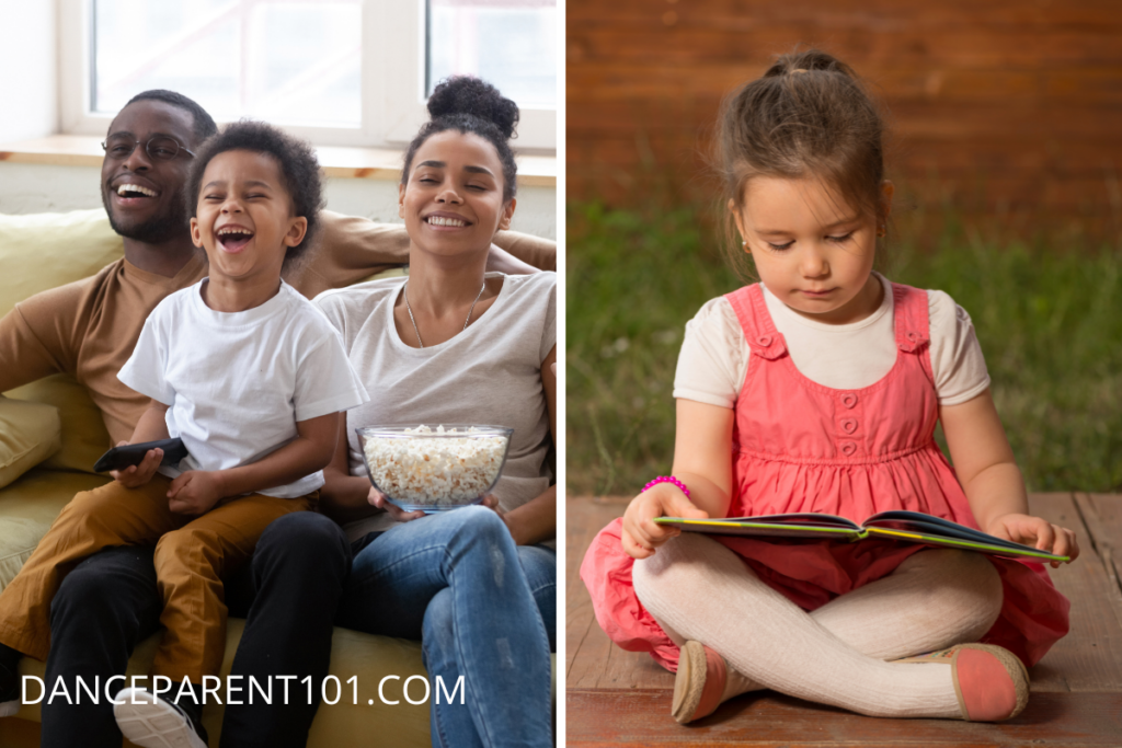 A split photo - on the right, a mom, dad,and little boy sit on a couch with popcorn watching tv. On the right, a little girl in a pink dress reads a book