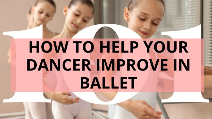 Title - How To Help Your Dance Improve In Ballet - three young ballerinas wearing white leotards stand at the barre gazing down at their hands in first position