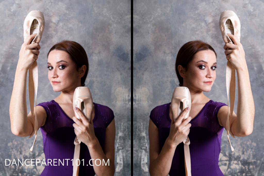 Mirrored images of a brunette woman in a purple leotard holding up to pairs of pointe shoes