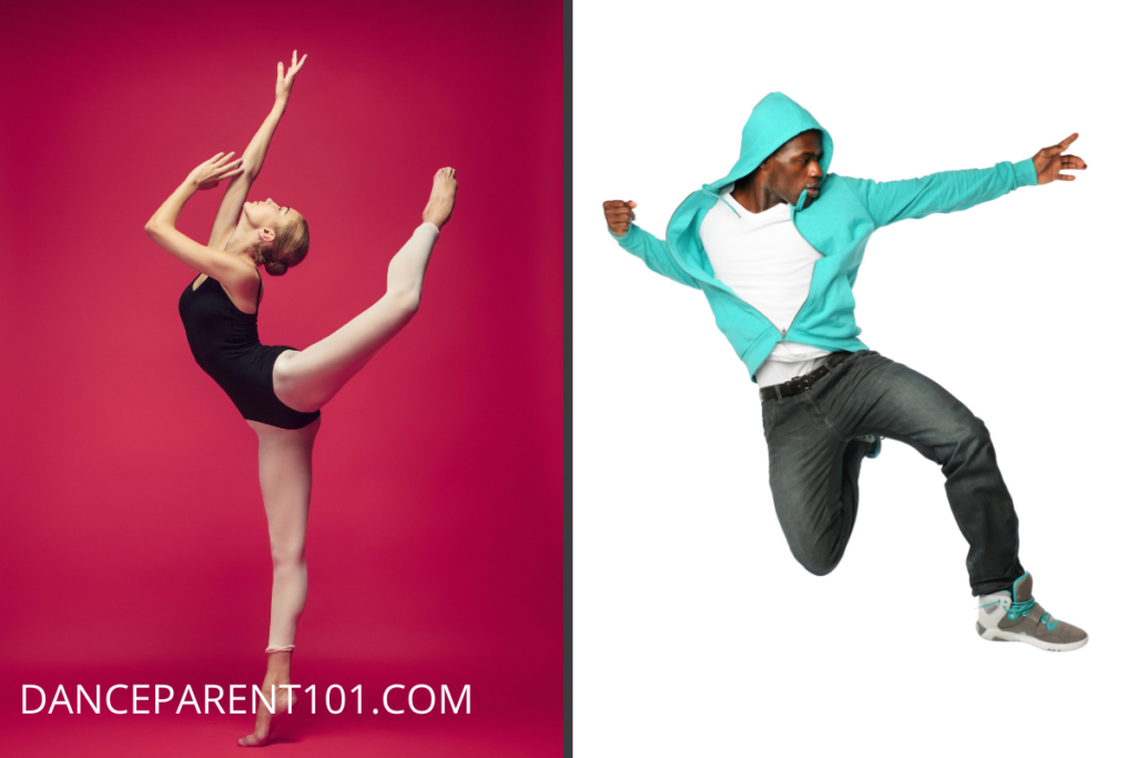 Side by side images of a teen ballet dancer in a black leotard and pink tights on a pink background, and a hip hop dancer in jeans and a teal hoodie