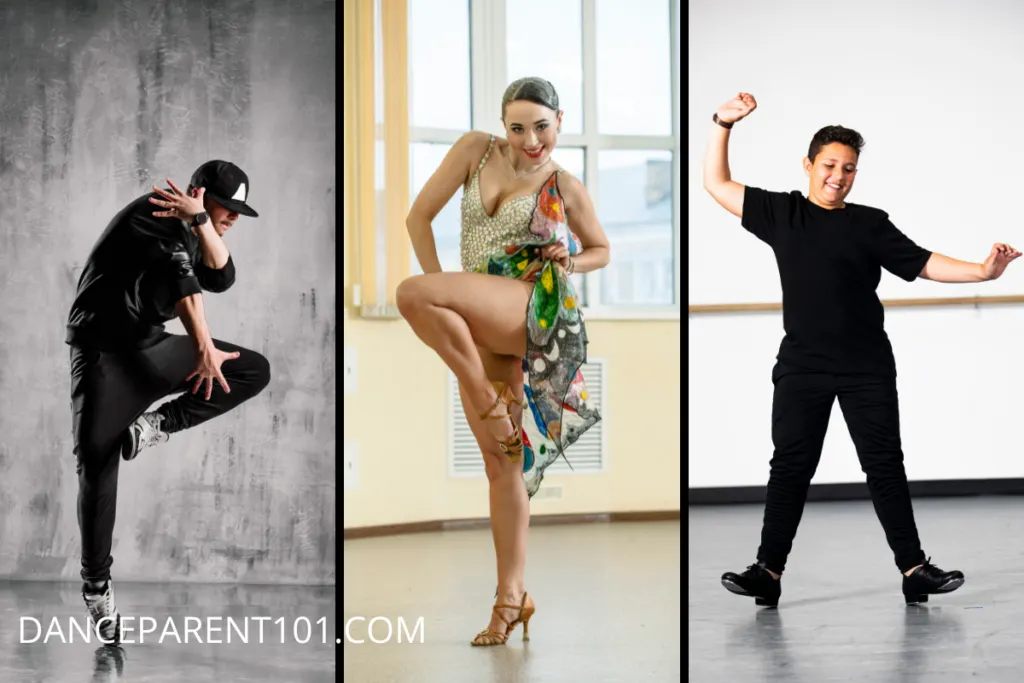 Three side by side images of dancers, from left - male hip hop dancer in all black clothing jumping in the air, a female ballroom dancer in a colorful costume and heels, and a male tap dancer wearing all black standing on his heels