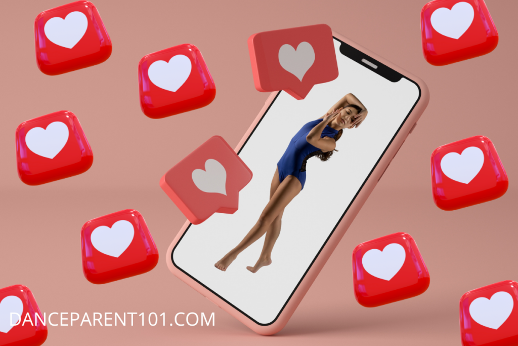 A smartphone showing a picture of a teen dancer wearing a navy leotard in a dance pose, with "love" icons floating around it. The phone is against a pink background.