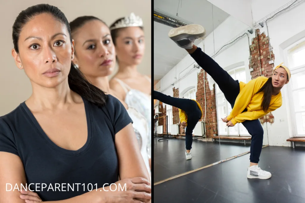 A side by side image of a stern looking female ballet teacher wearing a short sleeved black leotard crossing her arms across her chest. Behind her are two ballet dancers in white. The second image is of a young, fun hip hop dancer wearing a yellow hoodie and black pants, in a kicking pose.