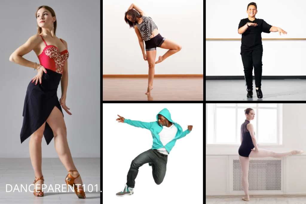 A grid of dancers in different styles of dancewear. Clockwise from left, ballroom dancer in a red top and black skirt. Jazz dancer in black shorts and a zebra print shirt. Male dancer in black pants and black shirt.  Ballerina in a black leotard and pink tights. Male hip hop dancer in jeans and  a teal hoodie. 