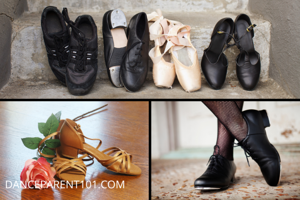 A grid of dance shoes - top photo includes jazz sneakers, tap shoes, pointe shoes, and ballroom shoes. Bottom left is tan Latin ballroom shoes. Bottom right is black tap shoes