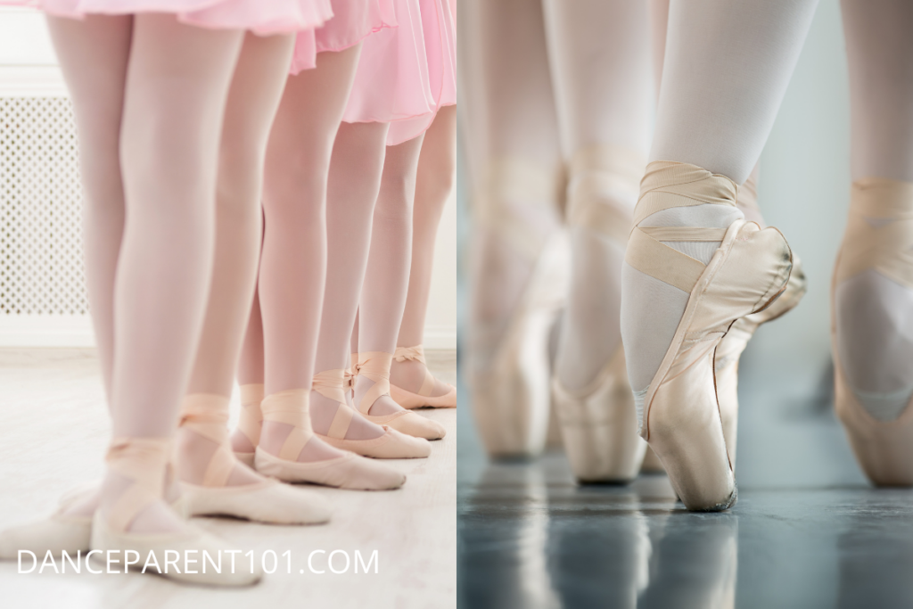 On the left, a line of ballerina's legs wearing pink tights, pink ballet shoes and pink skirts standing in third position. On the right, an image of  several ballerinas' legs with pointe shoes on, standing en pointe