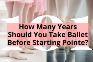 Title of article in front of a split screen photo - on the left, a line of ballerina's legs wearing pink tights, pink ballet shoes and pink skirts standing in third position. On the right, an image of ballerina's legs with pointe shoes on, standing on pointe