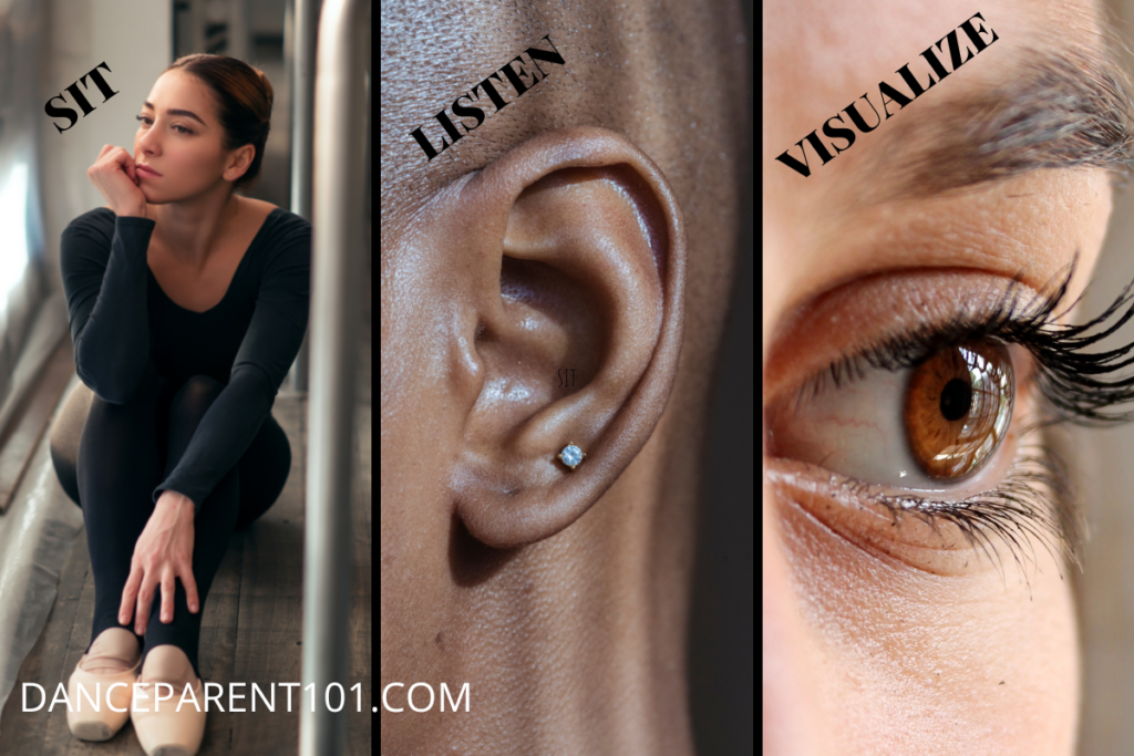 Three photos side by side - from left, a ballet dancer in a black leotard and tights sits and contemplate. The word "Sit" is to her left. A photo of a black person's ear with a diamond stud earring. The word "Listen" is to the left of the ear. A white person's brown eye looking forward, with the word "visualize" to the left of the eye